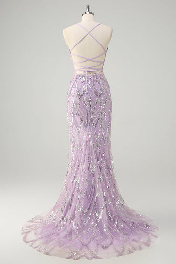 Lilac Mermaid Spaghetti Straps Corset Sequins Long Prom Dress
